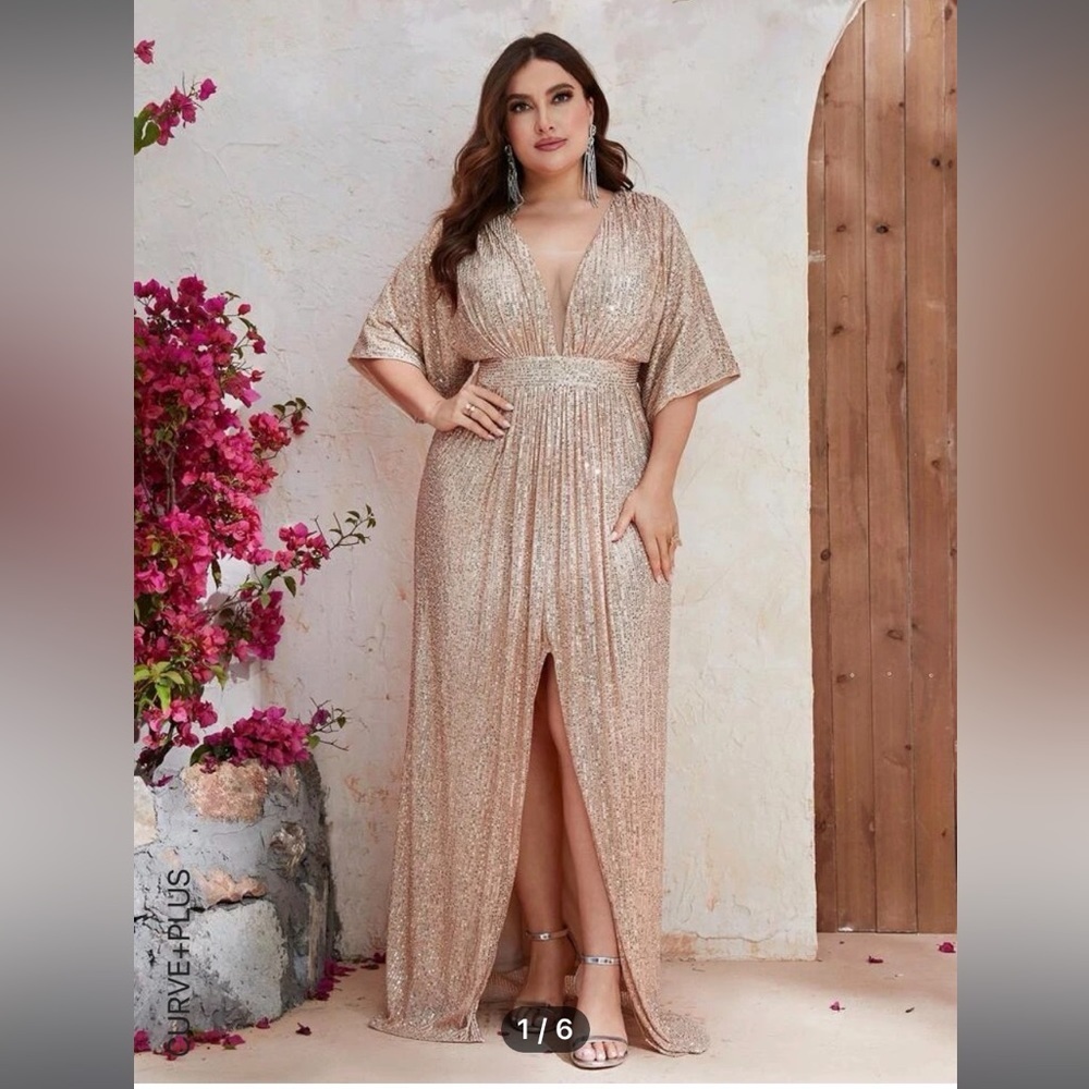 Giffniseti Plus Plunging Neck Batwing Sleeve Split Thigh Sequin Dress